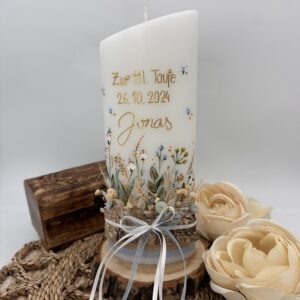 Taufkerze "Blumenwiese" mit Holzelement
