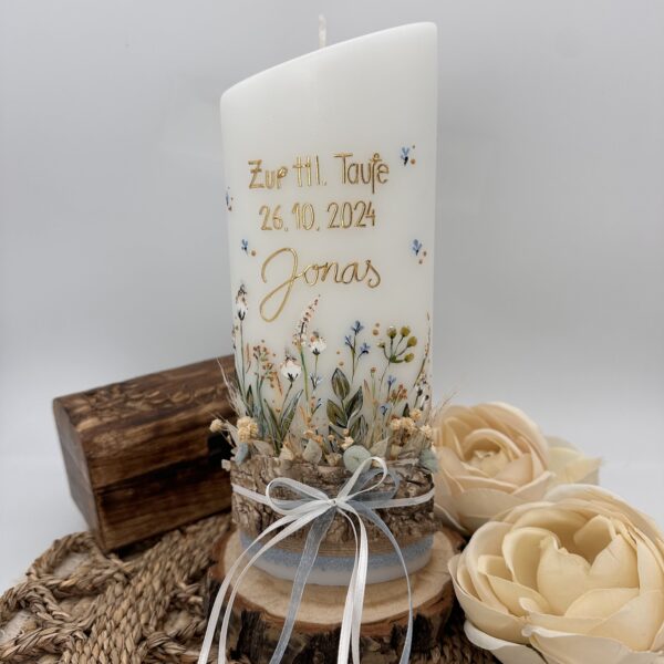 Taufkerze "Blumenwiese" mit Holzelement