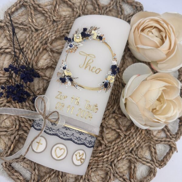 Taufkerze "Vintagedream" dunkelblau & creme