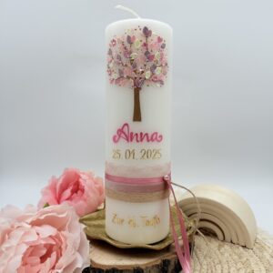 Taufkerze "Lebensbaum" rosa & creme