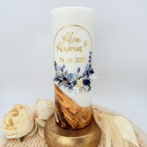 Hochzeitskerze "Blättertraum" blau & creme