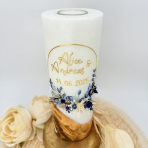 Hochzeitskerze "Blättertraum" blau & creme – Bild 4