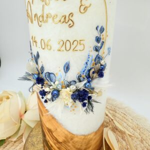 Hochzeitskerze "Blättertraum" blau & creme – Bild 3