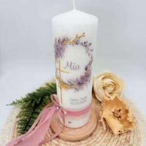 Taufkerze "Blütenkranz" lila & rosa mit Kreuz