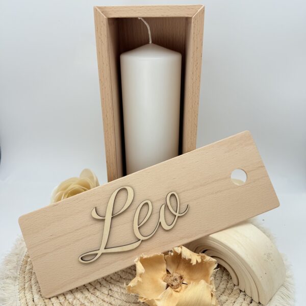 Kerzenverpackung "Holzbox" Name natur