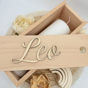 Kerzenverpackung "Holzbox" Name natur – Bild 2