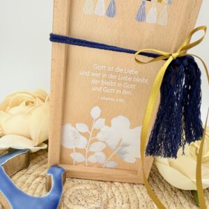 Kerzenverpackung "Holzbox Makramee-Regenbogen" blau – Bild 3
