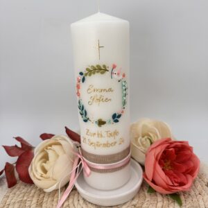 Taufkerze "Blätterkränzchen" rosa & grün