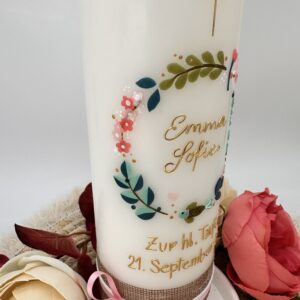 Taufkerze "Blätterkränzchen" rosa & grün – Bild 2