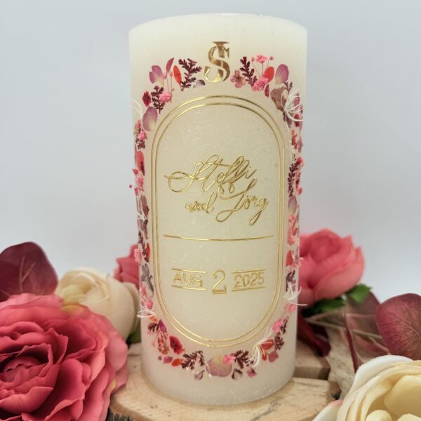 Hochzeitskerze "Wildflower Chic" rosa & rot