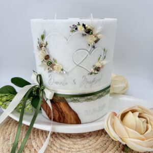 Hochzeitskerze "Hearts" creme & moosgrün