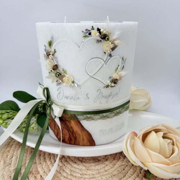 Hochzeitskerze "Hearts" creme & moosgrün