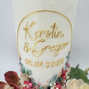Hochzeitskerze "Blättertraum" raspberry & eucalyptus – Bild 3