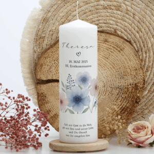 Taufkerze "Dusty Flowers" blau & rosa