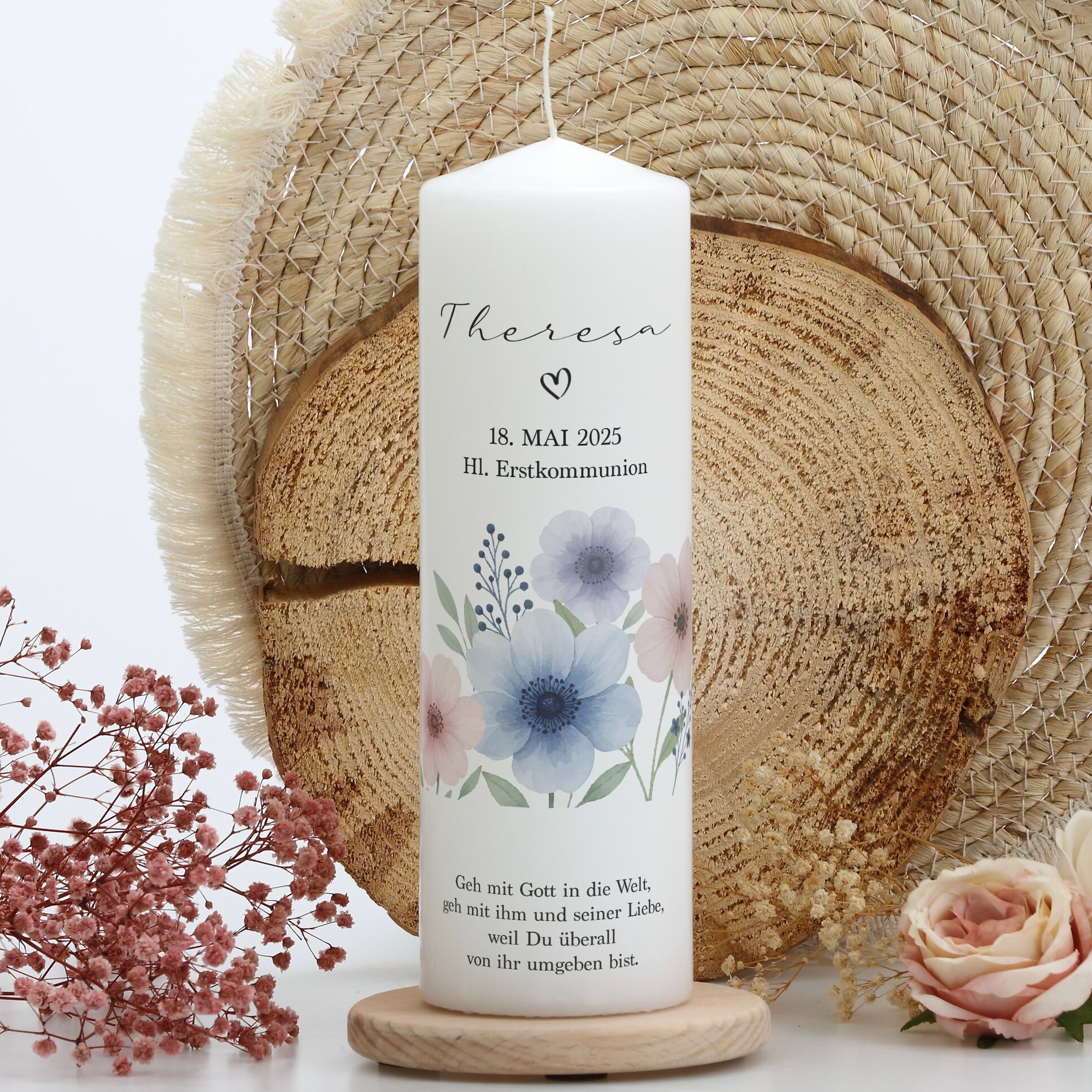 Taufkerze "Dusty Flowers" blau & rosa