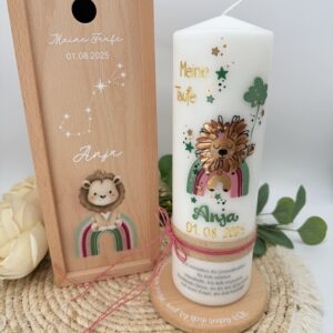 Taufkerze  "Löwenherz Regenbogen" grün & rosa – Bild 6