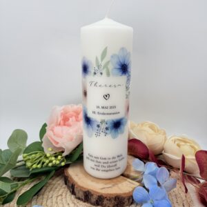 Taufkerze "Dusty Flowerframe" blau & rosa