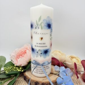 Taufkerze "Dusty Flowerframe" blau & rosa mit Veredelung