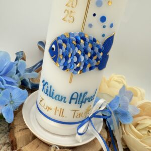 Taufkerze "Fisch" blau & gold – Bild 3