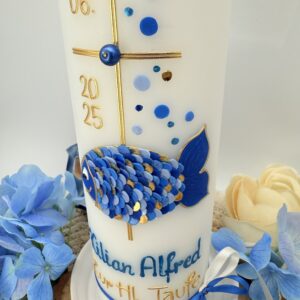 Taufkerze "Fisch" blau & gold – Bild 2
