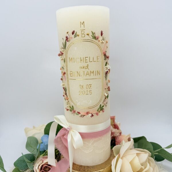 Hochzeitskerze "Wildflower Chic" rosa & creme
