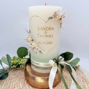 Hochzeitskerze "Herzgeflüster" creme & grün