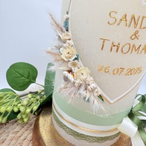 Hochzeitskerze "Herzgeflüster" creme & grün – Bild 6