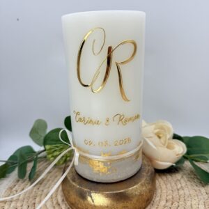 Hochzeitskerze "Golden Monogram" mit Betonsockel