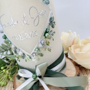 Hochzeitskerze "Flowerframe" silber & eucalyptus – Bild 5