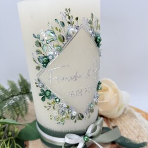 Hochzeitskerze "Flowerframe" silber & eucalyptus