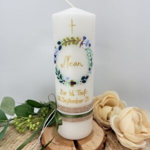 Taufkerze "Blätterkränzchen" blau & grün