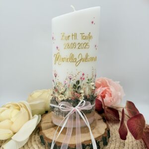 Taufkerze "Blumenwiese" mit Holzelement