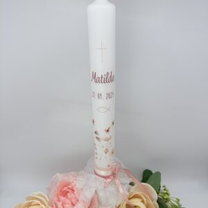 Tauf- oder Kommunionskerze "Blumenwiese" altrosa & creme