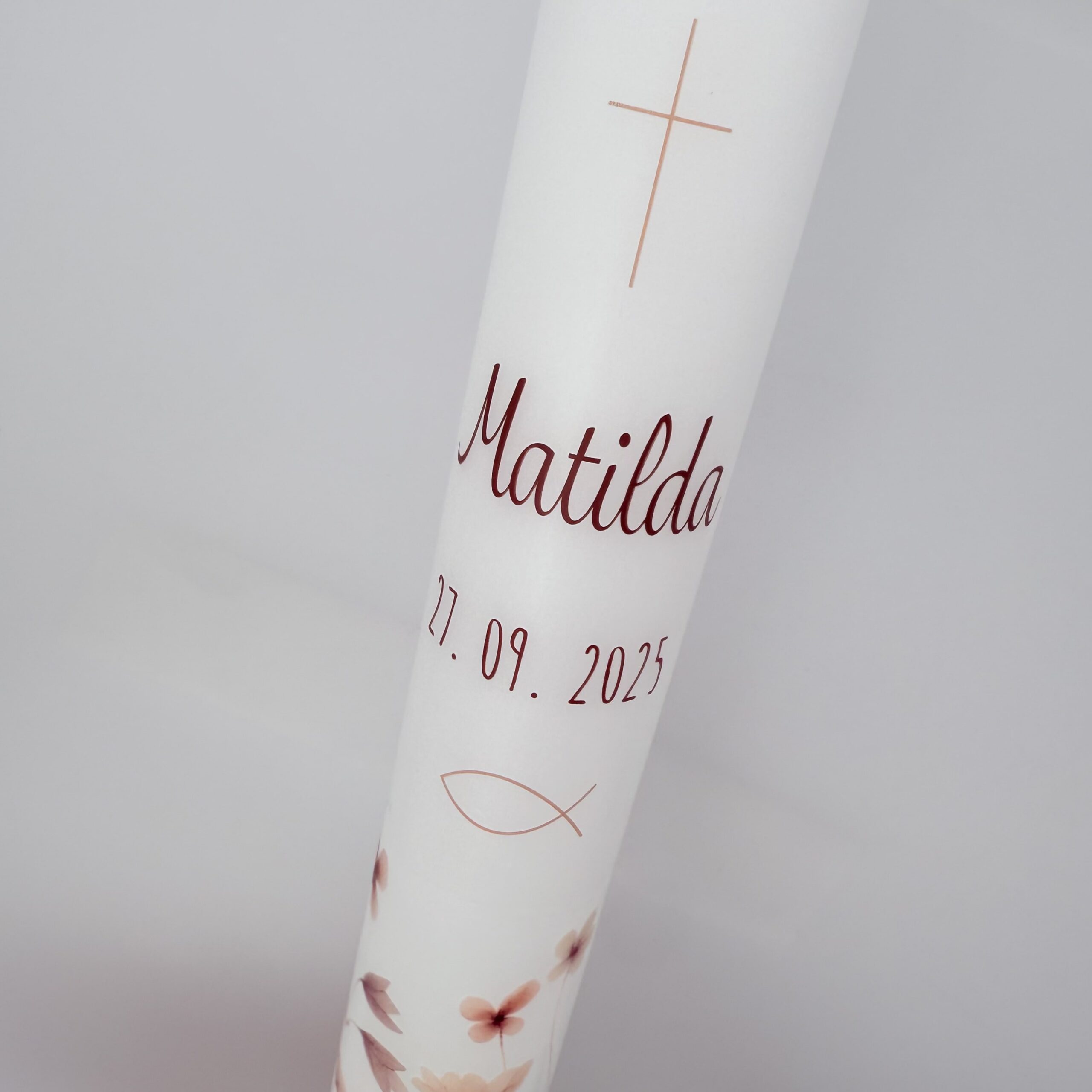 Tauf- oder Kommunionskerze "Blumenwiese" altrosa & creme – Bild 4