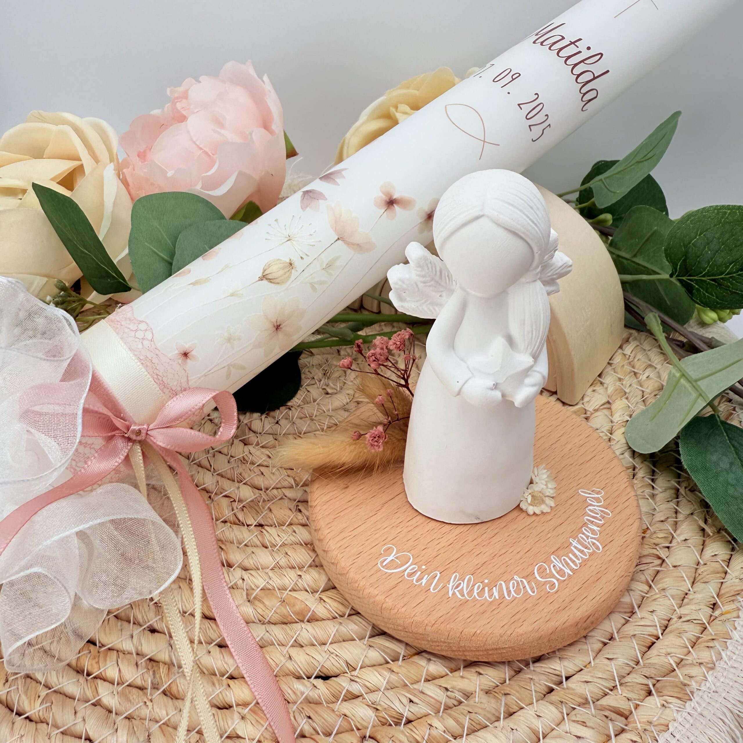Tauf- oder Kommunionskerze "Blumenwiese" altrosa & creme – Bild 5