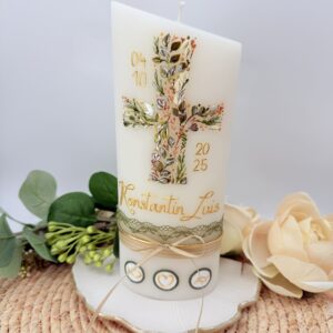 Taufkerze "Blätterkreuz" olive & natur