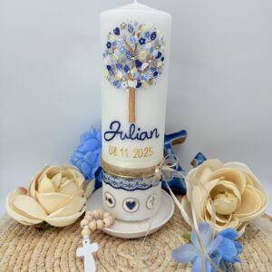 Taufkerze "Lebensbaum" blau & creme