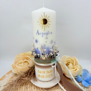 Taufkerze "Magnolie blau" mit Trockenblumen