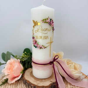Taufkerze "Flowerloop" Rosie mit Kreuz