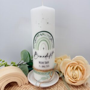 Taufkerze "Regenbogen" Eucalyptuskranz mit Sternbild