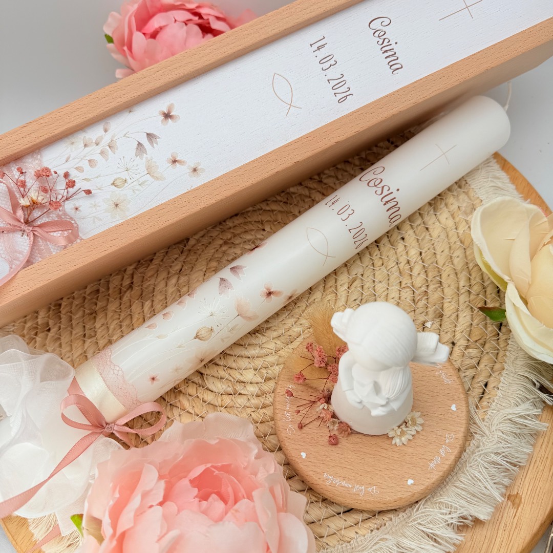 Tauf- oder Kommunionskerze "Blumenwiese" altrosa & creme – Bild 10