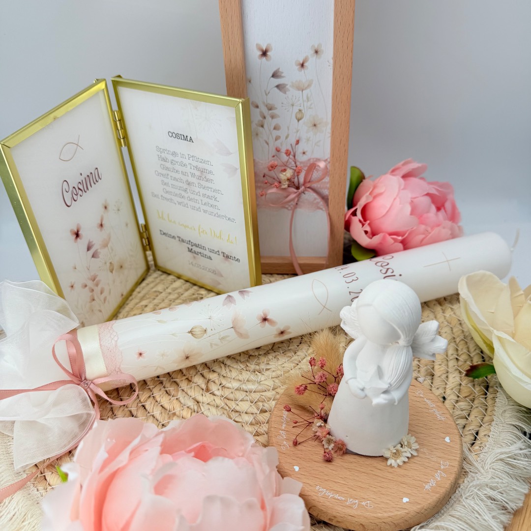Tauf- oder Kommunionskerze "Blumenwiese" altrosa & creme – Bild 11