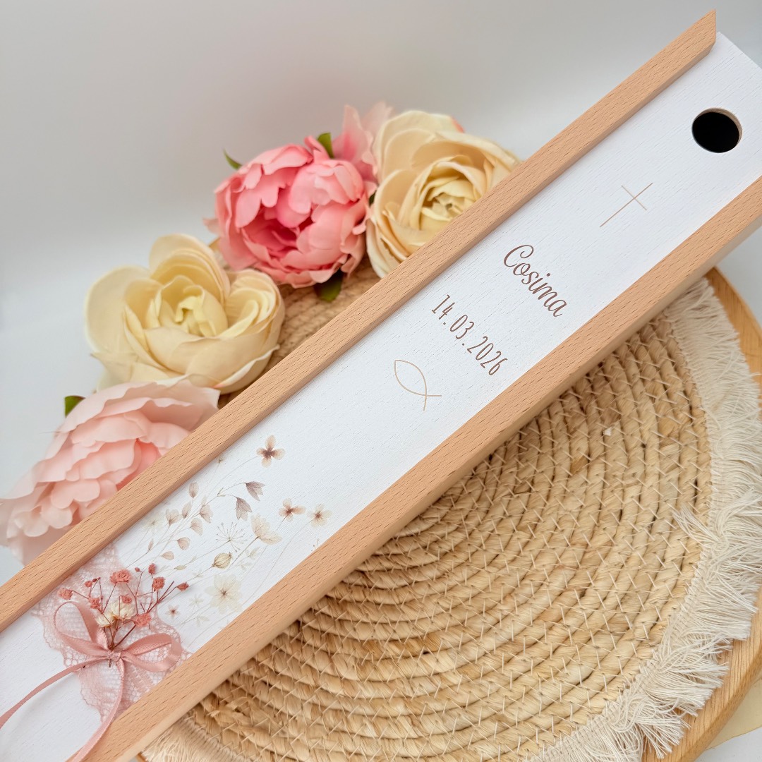 Tauf- oder Kommunionskerze "Blumenwiese" altrosa & creme – Bild 9