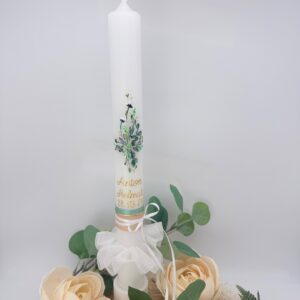 Tauf- oder Kommunionskerze "Blätterkreuz" mit Gänseblümchen