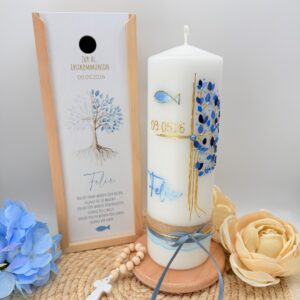 Taufkerze "Lebensbaum" mit Kreuz und Fisch blau